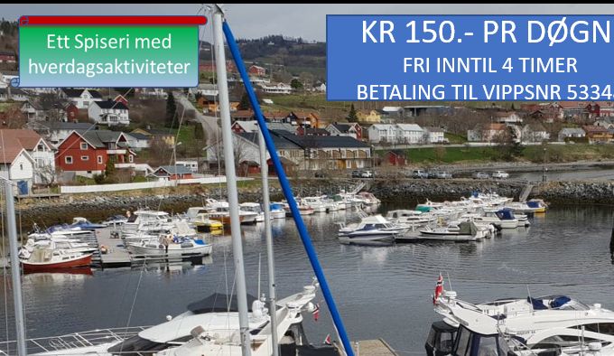 Fritidssaktivitet nr 4
Leksvik båtforening sin gjestehavn ligger ved Spiseriet.
Kr 150 pr døgn. Vippsnummer med strøm 646953. Uten strøm. 646952. Gratis inntil 4 timer. Dieselfylling tlf 95026529/47915934